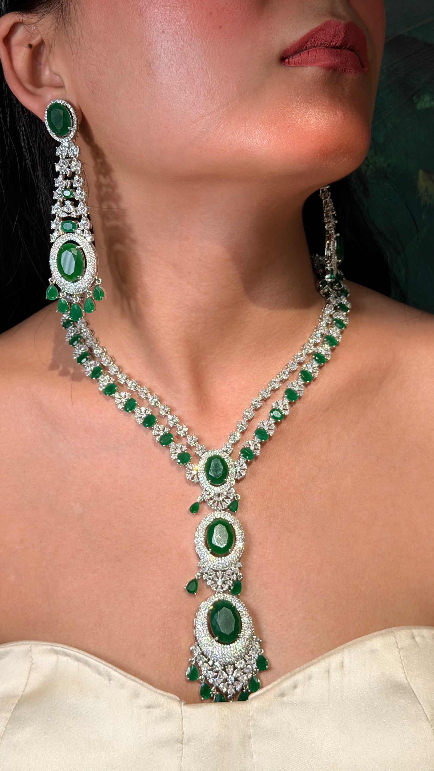 Emerald Majesty AD Long Haram Necklace Set