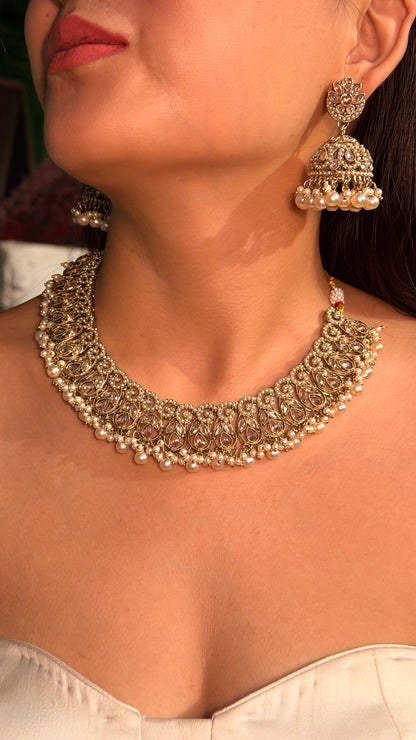 Golden Vine Pearl Necklace Set With Earrings and Mangtikka