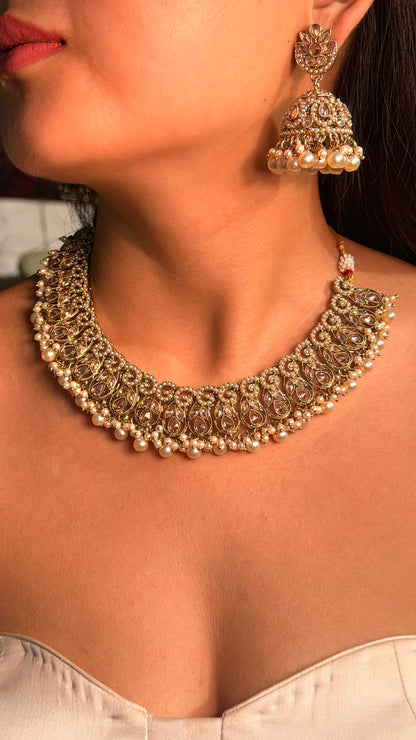 Golden Vine Pearl Necklace Set With Earrings and Mangtikka