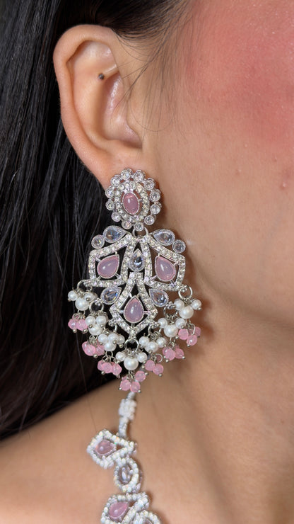 Pink Teardrop Minimal Luxe Necklace Set with Earrings and Mangtikka