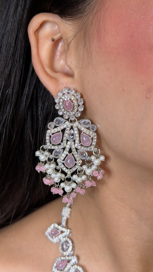 Pink Teardrop Minimal Luxe Necklace Set with Earrings and Mangtikka