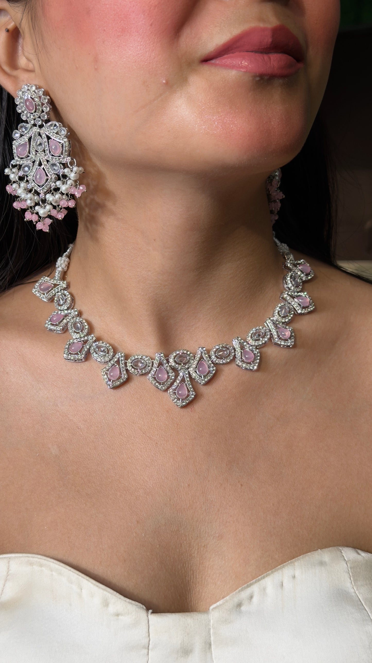 Pink Teardrop Minimal Luxe Necklace Set with Earrings and Mangtikka
