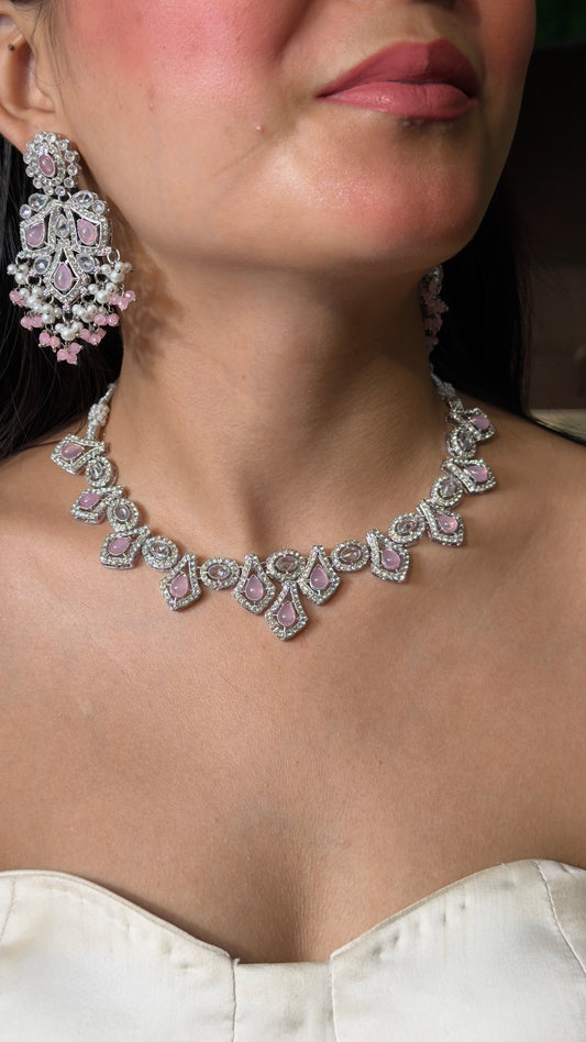 Pink Teardrop Minimal Luxe Necklace Set with Earrings and Mangtikka