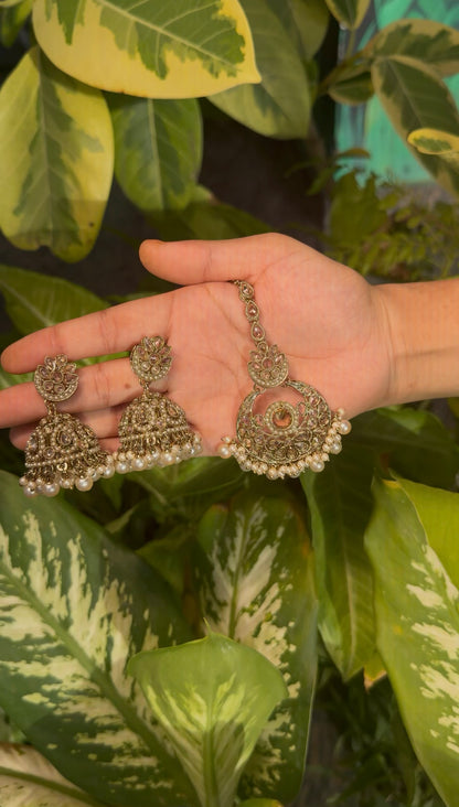 Golden Vine Pearl Necklace Set With Earrings and Mangtikka