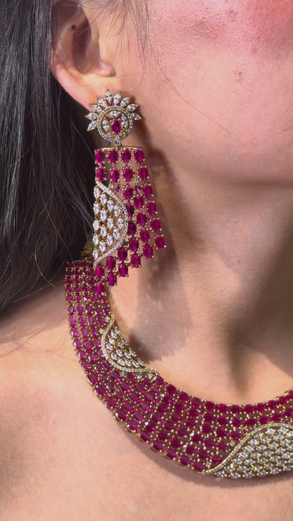 Designer Ruby & Zircon Statement Necklace with Earrings