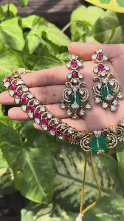 Aafreen Emerald Victorian Ruby Kundan Necklace with Long Earrings